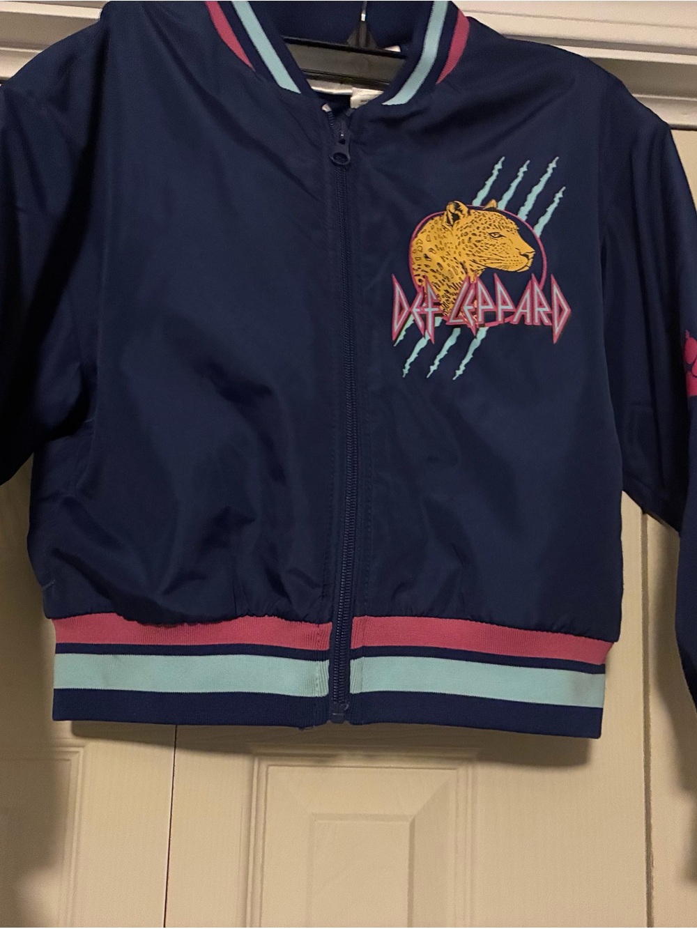 Kids Def Leopard Navy Jacket with Pink & Aqua Trim